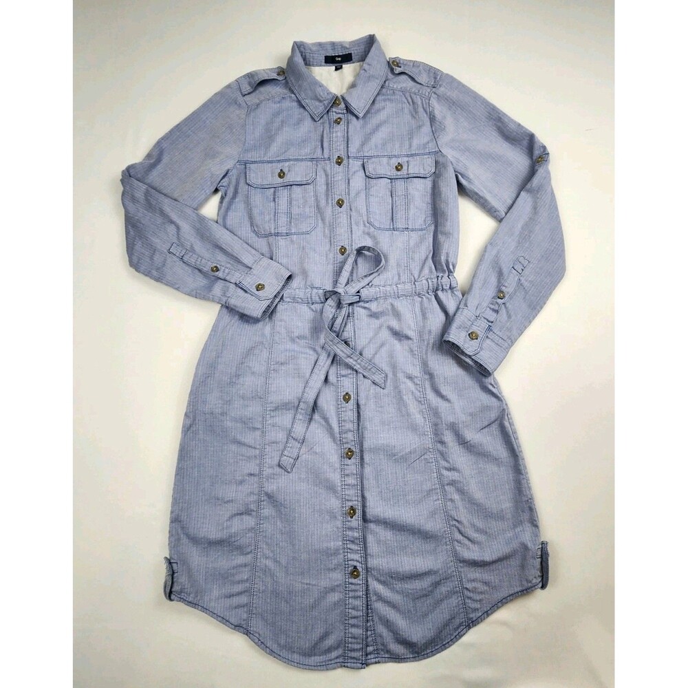 Gap Chambray Shirt Dress Women S Light Blue Tie Waist Long Roll-up Sleeve Casual